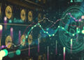 mineros asic junto a moneda digital de bitcoin con grafico en alza