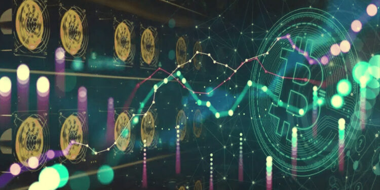 mineros asic junto a moneda digital de bitcoin con grafico en alza