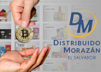 manos intercambiando moneda de bitcoin junto a logo de Distribuidoras Morazán y lista de productos