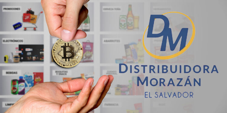 manos intercambiando moneda de bitcoin junto a logo de Distribuidoras Morazán y lista de productos