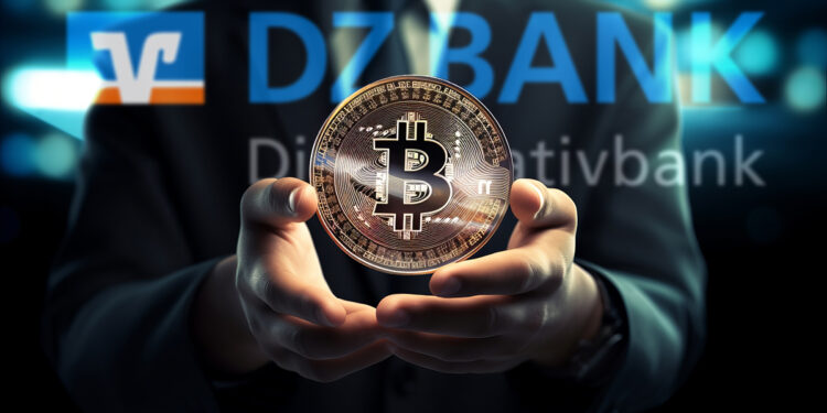moneda de bitcoin sobre manos de empresario con logo de DZ Bank en el fondo