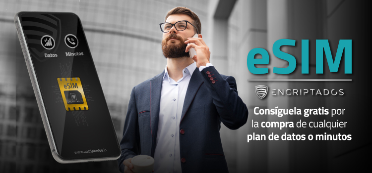 Un hombre con traje sin corbata hablado por teléfono móvil al lado de la imagen de un celular con la eSIM de Encriptados.