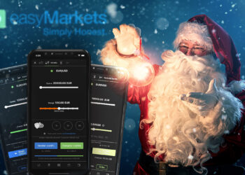 Santa Claus junto a teléfonos móvil con plataforma de easy markets en pantalla