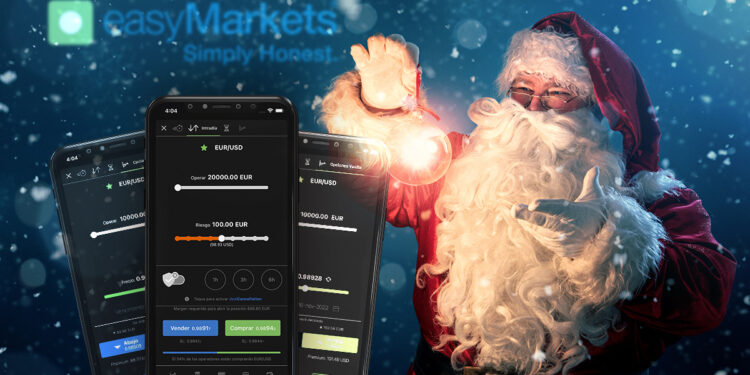 Santa Claus junto a teléfonos móvil con plataforma de easy markets en pantalla