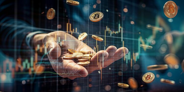 monedas de bitcoin cayendo en manos de inversionistas con grafico de precio superpuesto