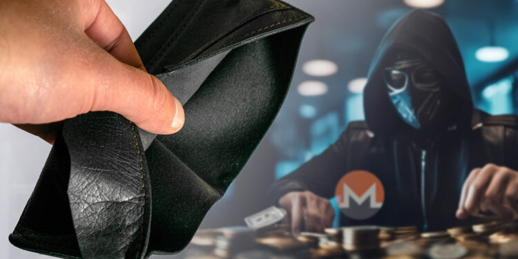 mano sosteniendo wallet vacia con hacker acumulando monedas de monero en el fondo