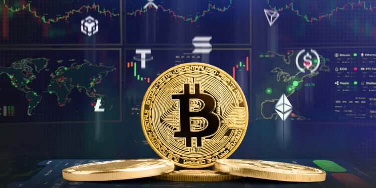moneda de bitcoin rodeada de logos de otras criptomonedas con plataformas de trading con graficos de precio en pantalla al fondo