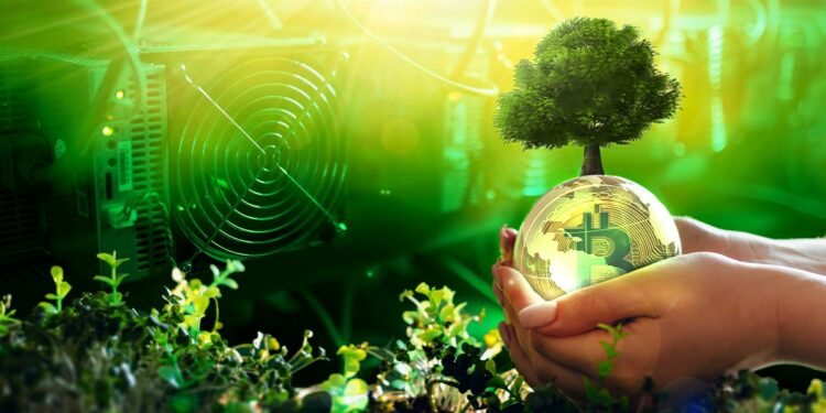 manos sosteniendo esfera con logo de bitcoin y arbol emergiendo entre vegetación con mineros asic en el fondo