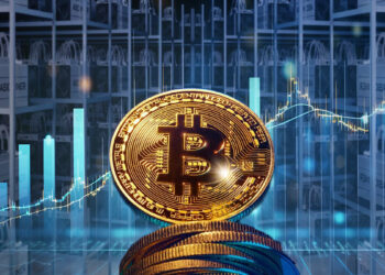 moneda de bitcoin entre equipos asic de minería con grafico de precio en aumento