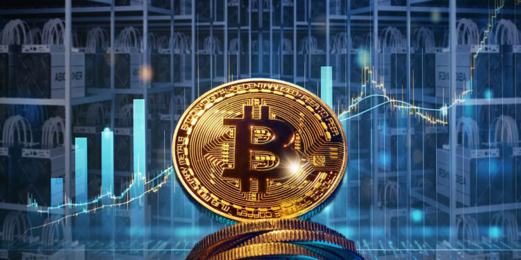 moneda de bitcoin entre equipos asic de minería con grafico de precio en aumento