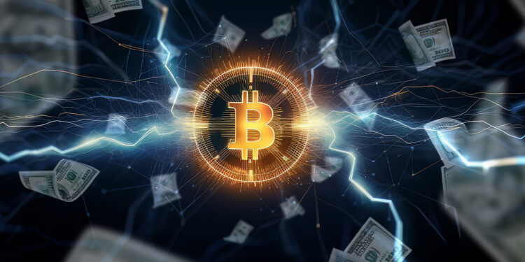 moneda de bitcoin rodeada por dolars cayendo con relampagos en el fondo