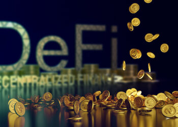 monedas cayendo con Defi en el fondo
