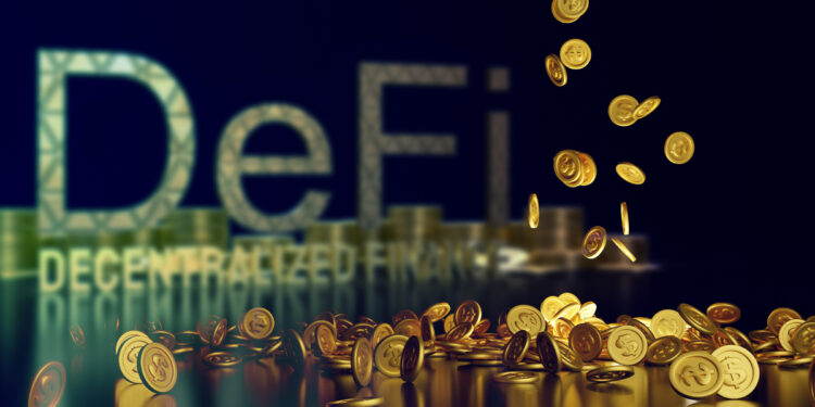 monedas cayendo con Defi en el fondo
