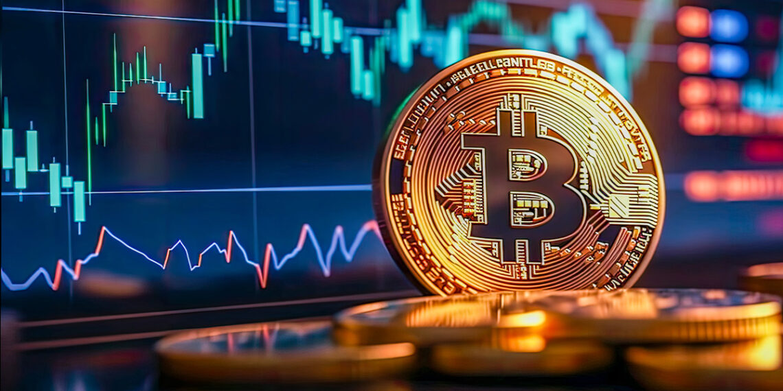 moneda de bitcoin con grafico de precio en alza al fondo