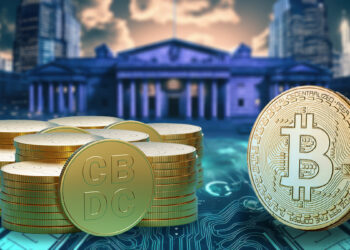 monedas de cbdc junto a moneda de bitcoin con instutucion bancaria al fondo