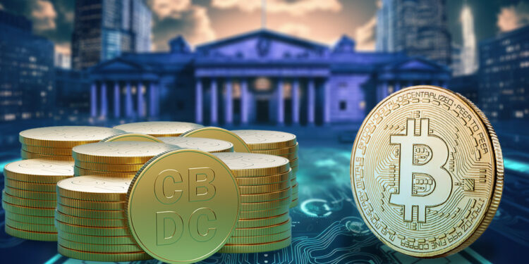monedas de cbdc junto a moneda de bitcoin con instutucion bancaria al fondo