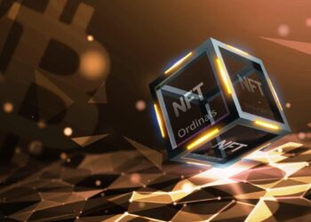 bloque de NFT ordinal en red digital con logo de bitcoin en el fondo