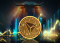 moneda de tron entre graficos de precio con toro en el fondo