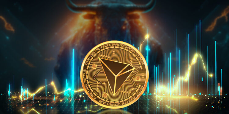 moneda de tron entre graficos de precio con toro en el fondo