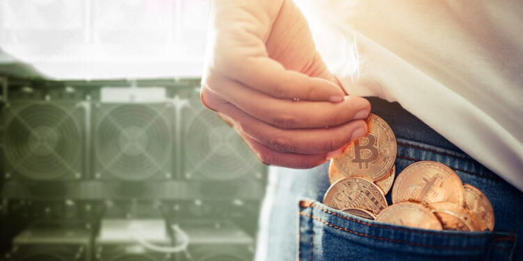monedas de bitcoin cumuladas en bolsillo de pantalón con mineros asic de criptomonedas en el fondo