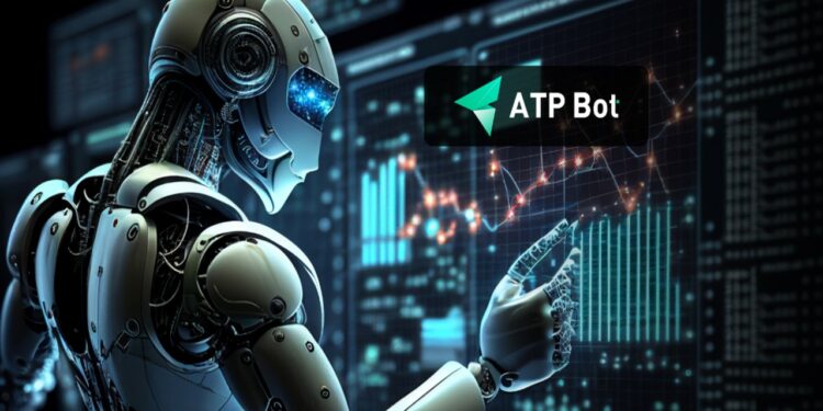 Robot cibernético tocando una pantalla de computadora.