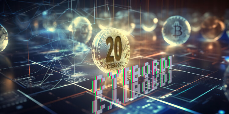 moneda del token CBRC-20 cybord, en red digital con monedas de bitcoin