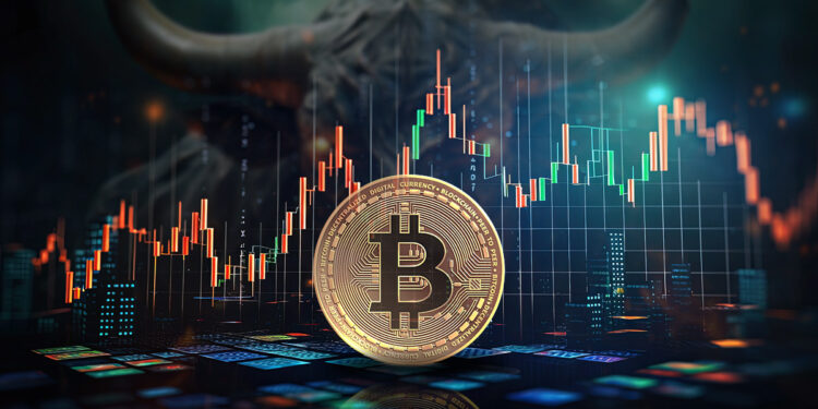 moneda de bitcoin entre gráfico de precio con toro alcista en el fondo