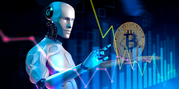 Robot cibernético con IA haciendo trading de bitcoin.