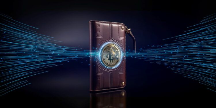 Billeera con logo de Bitcoin atravezada por hilos de luz