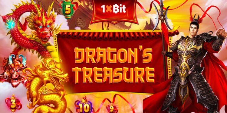 Un guerrero chino y un dragón sostienen una pancarta de El Tesoro del Dragon de 1xBit.
