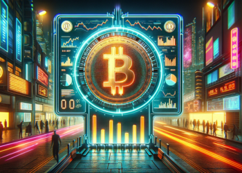 Pantalla con gráficos de precio y un bitcoin en el centro en medio de una calle futurista con personas caminando.