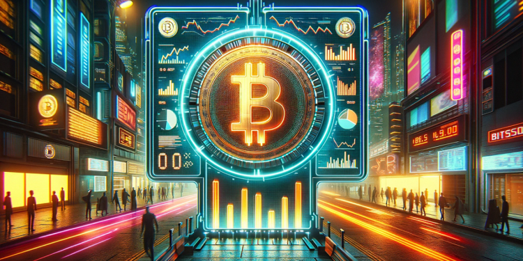 Pantalla con gráficos de precio y un bitcoin en el centro en medio de una calle futurista con personas caminando.