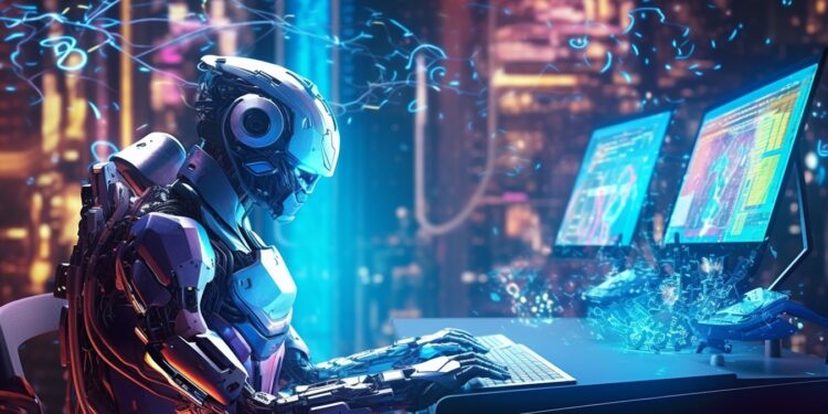 Robot cibernético sentado tecleando en un computador con gráficos de trading en dos pantallas.