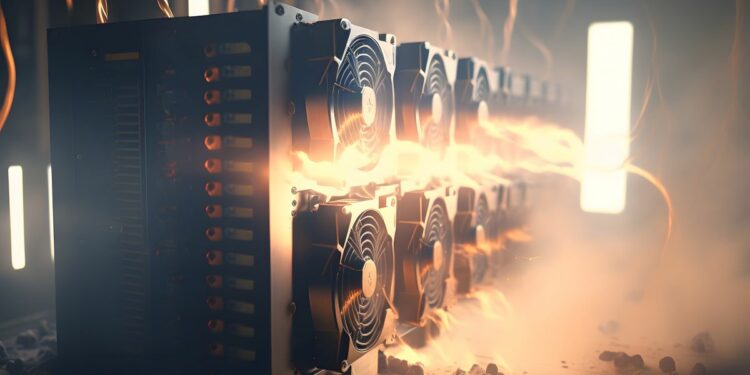 mineros de Bitcoin entre la bruma y atravezados por un haz de luz