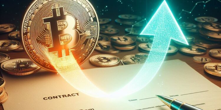 Un BTC sobre con contrato de futuros y una flecha roja y verde.
