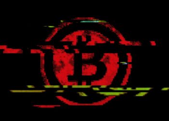 Un glitch del logo de Bitcoin en rojo, verde en fondo negro.