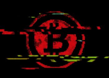 Un glitch del logo de Bitcoin en rojo, verde en fondo negro.