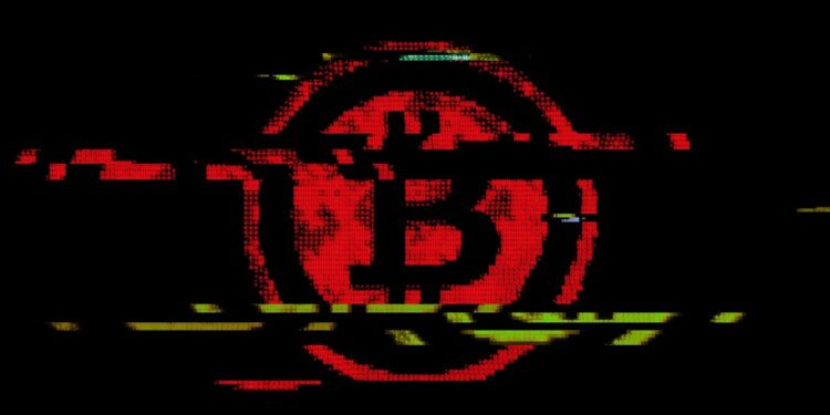 Un glitch del logo de Bitcoin en rojo, verde en fondo negro.