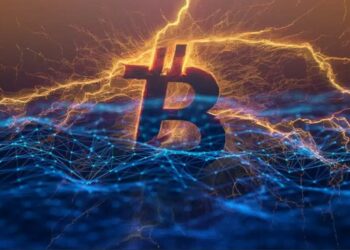 Símbolo de Bitcoin atravesado por un rayo que flota sobre una red informática