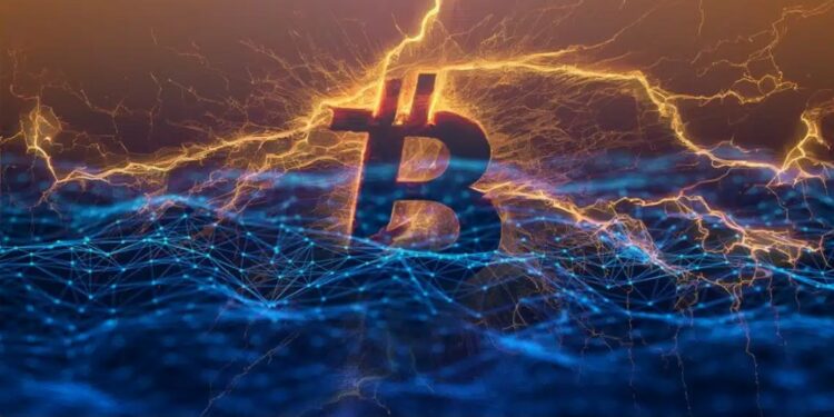 Símbolo de Bitcoin atravesado por un rayo que flota sobre una red informática