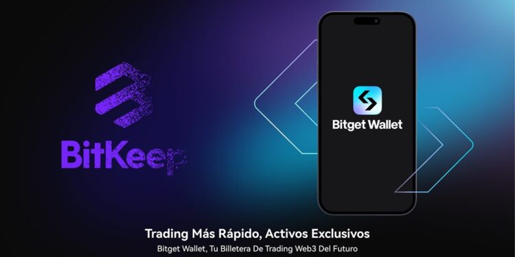 Teléfono celular con el logo de Bitget Wallet en pantalla.