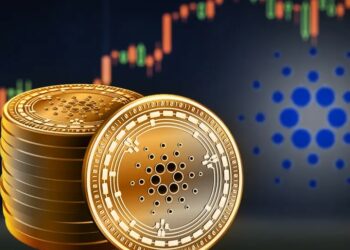 MOnedas de Cardano y fondo de grafíco de precios