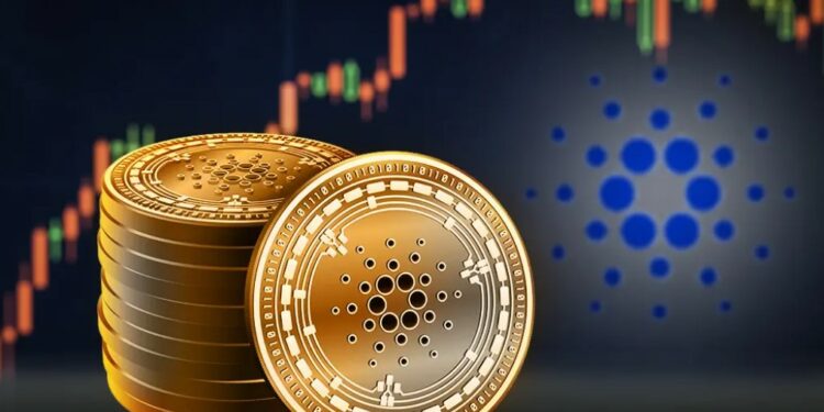 MOnedas de Cardano y fondo de grafíco de precios