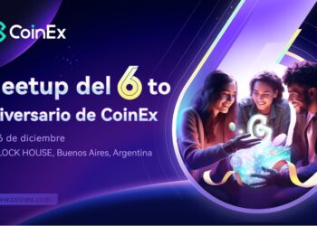 Pancarta promocional del meetup del 6to aniversario en Buenos Aires, Argentina de CoinEx.