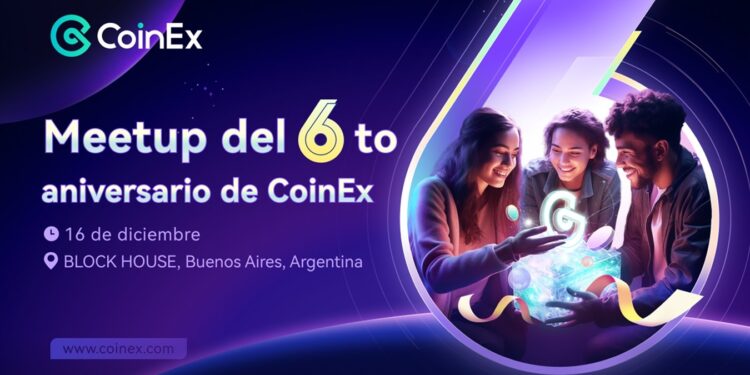 Pancarta promocional del meetup del 6to aniversario en Buenos Aires, Argentina de CoinEx.