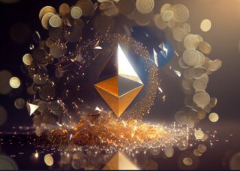 Sí,molo de Ethereum en dorado rodeado de múltiples monedas doradas