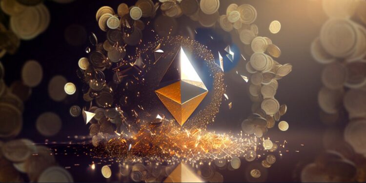 Sí,molo de Ethereum en dorado rodeado de múltiples monedas doradas