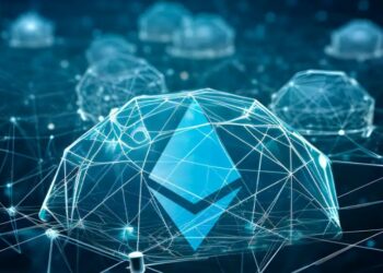 Logo de Ethereum entre domos semitrasnparentes