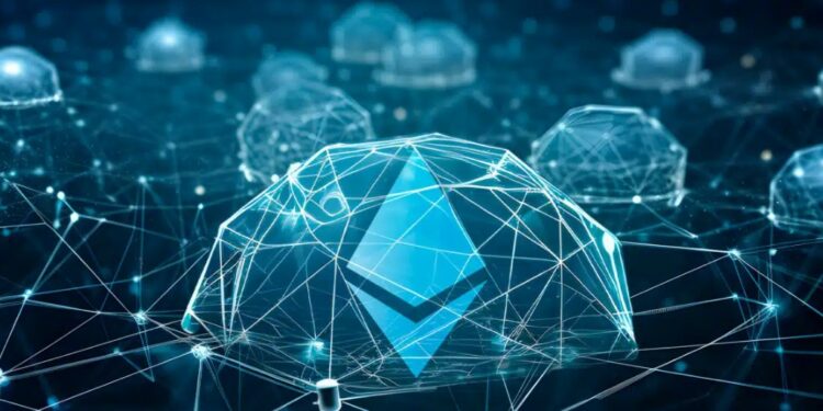 Logo de Ethereum entre domos semitrasnparentes