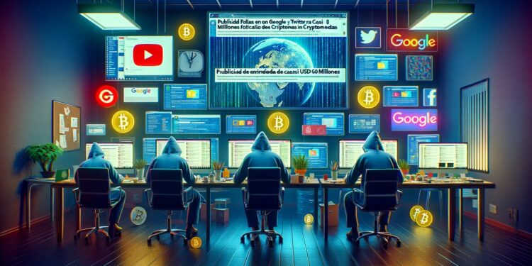 cuatro hackers en una habiación, sentados frente a sus computadoras mirando una múltitud de pantallas con logos de Google, X y YouTube